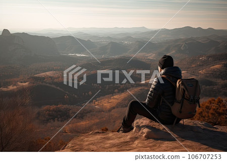 a person sitting on top of a mountain looking out at the valley and mountains in the distance is a lake a person sitting on top of a mountain looking out at the valley and mountains in the distance is a lake 106707253