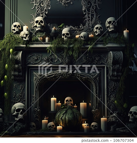 a fireplace with candles and skulls on the mantels next to it is a candle holder, surrounded by green moss 106707304