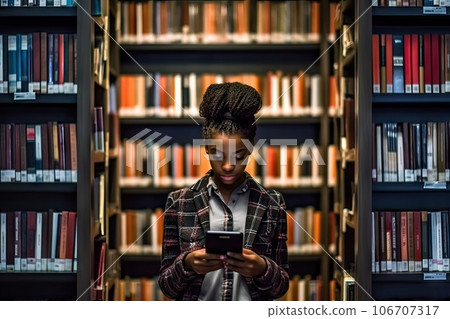a woman looking at her phone while she stands in front of a bookshel and looks down on the screen a woman looking at her phone while she stands in front of a bookshel and looks down on the screen 106707317
