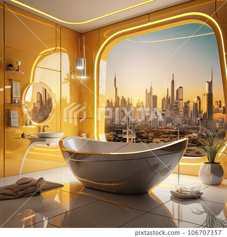 a modern bathroom with city skylines in the background 3d wallpaper mural decal sticker for living room a modern bathroom with city skylines in the background 3d wallpaper mural decal sticker for living room 106707357