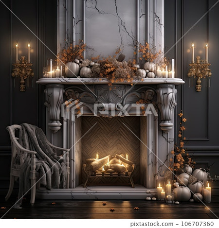 a fireplace with candles, pumpkins and other decorations on the mantle is shown in front of the fire place a fireplace with candles, pumpkins and other decorations on the mantle is shown in front of the fire place 106707360