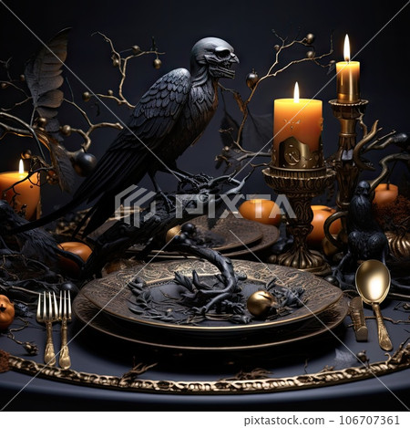 a table setting with candles, pumpkins and black raven figurins on the plate there is a candle in the background 106707361