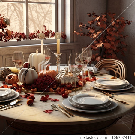 a table set for thanksgiving dinner with candles, plates and uts on the table in front of a window a table set for thanksgiving dinner with candles, plates and uts on the table in front of a window 106707411