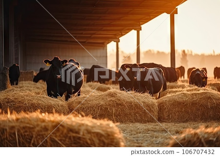 cows in a barn with hay bales on the floor and sun shining through the roof to the cow's face cows in a barn with hay bales on the floor and sun shining through the roof to the cow's face 106707432