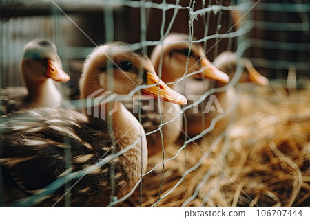 two ducks in a cage, one is looking at the camera and the other is sitting on hay behind it two ducks in a cage, one is looking at the camera and the other is sitting on hay behind it 106707444
