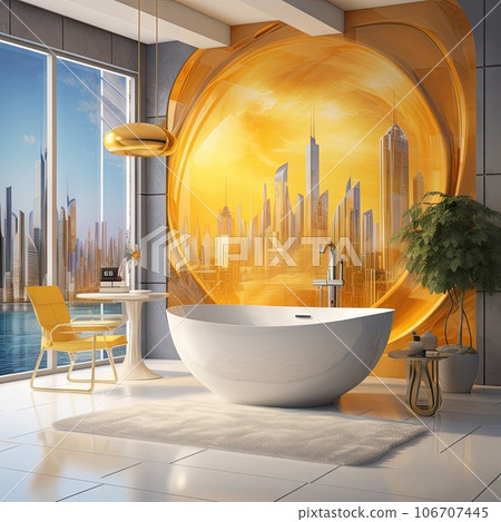 a modern bathroom with an orange and yellow wall mural in the background, there is a bathtub on the floor a modern bathroom with an orange and yellow wall mural in the background, there is a bathtub on the floor 106707445