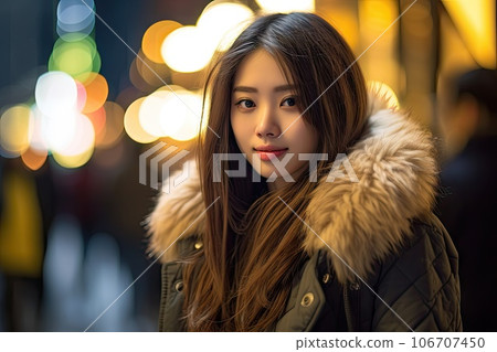 a woman with long brown hair, wearing a fur coat and looking at the camera while standing in front of blurred lights 106707450