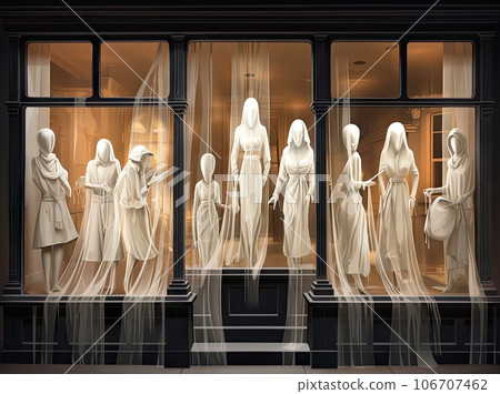 three manns in front of a store window with sheer curtains on the windows, all dressed up and ready for halloween 106707462