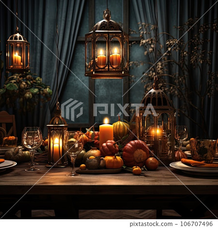 a table set for thanksgiving dinner with candles, pumpkins and gourts on the table there is a blue curtain in the 106707496