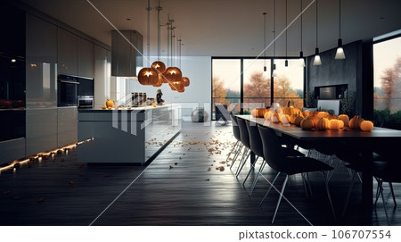 a modern kitchen with pumpkins on the table and lights hanging from the ceiling in the room is lit by an orange light a modern kitchen with pumpkins on the table and lights hanging from the ceiling in the room is lit by an orange light 106707554