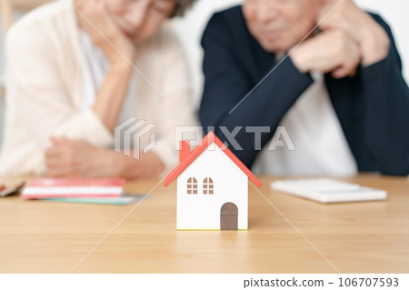 Senior couple worried about real estate house model 106707593