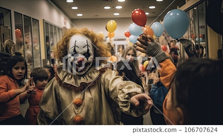 a person dressed as a clown with balloons in front of them and people standing around the room, all holding up their hands a person dressed as a clown with balloons in front of them and people standing around the room, all holding up their hands 106707624