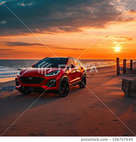 the 2020 hyundai tucson parked on a beach in front of an orange sunset sky with clouds and water behind it the 2020 hyundai tucson parked on a beach in front of an orange sunset sky with clouds and water behind it 106707649