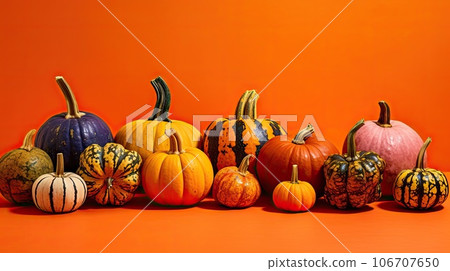 pumpkins and gourds on an orange background with copy - space for your text or image stock photo 106707650
