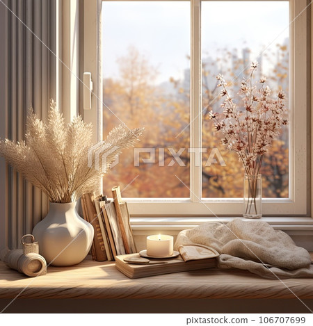 some flowers and books on a window sier with autumn foliage in the background, 3d render illustration stock photo 106707699