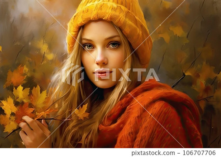 a woman wearing a yellow hat and holding an orange leaf in front of her face, while she is looking at the camera a woman wearing a yellow hat and holding an orange leaf in front of her face, while she is looking at the camera 106707706