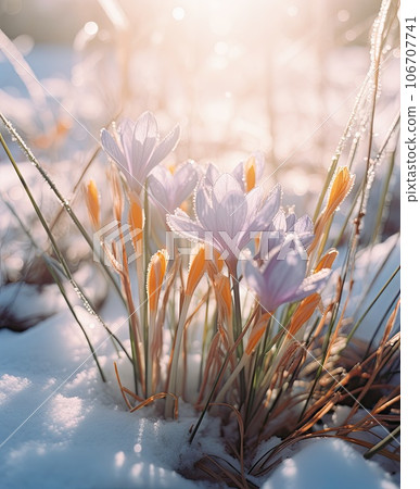 flowers in the snow with sunlight shining on them and some grass growing out of the ground to the right side 106707741
