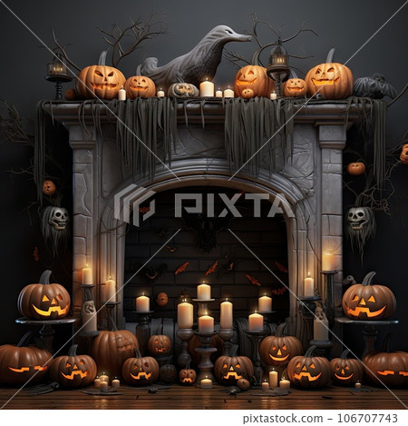 pumpkins and candles in front of a fireplace with the words happy halloween written on it's wallpaper 106707743
