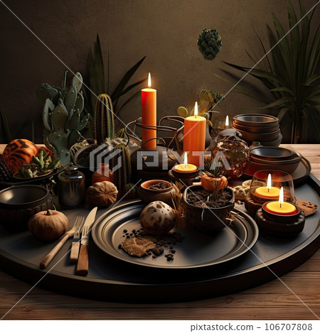 an autumn table setting with candles, pumpkins and other fall decor items on a round black tray surrounded by plants 106707808