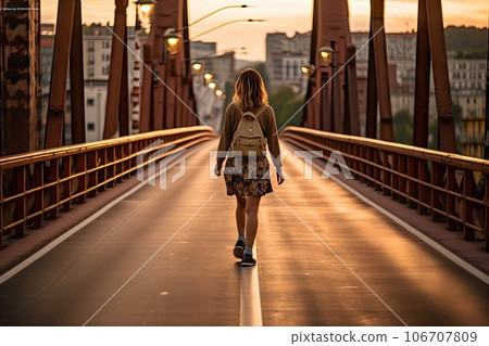a woman walking across a bridge in the middle of the image is an orange sky and there are buildings behind her 106707809