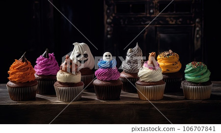 six cupcakes with different colored frosting on them, all lined up in a row against each other cupcakes have six cupcakes with different colored frosting on them, all lined up in a row against each other cupcakes have 106707841