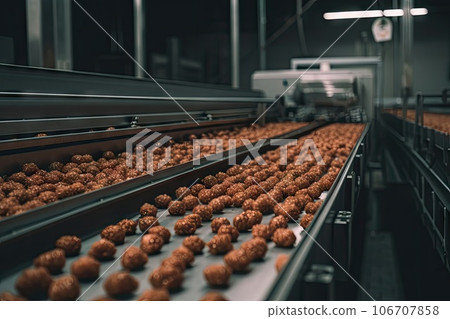 some food being made on a convey in an industrial factory, with focus from the camera to the production line some food being made on a convey in an industrial factory, with focus from the camera to the production line 106707858