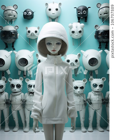 a person standing in front of a wall full of white teddy bears with their heads on the wall behind them a person standing in front of a wall full of white teddy bears with their heads on the wall behind them 106707889