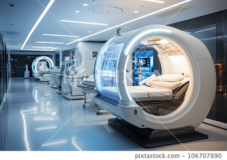a hospital room with an mri in the middle and two beds on the other side of the room are empty 106707890