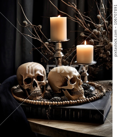two skulls on a table with candles and books in the background halloween decor, halloween decorations, halloween party two skulls on a table with candles and books in the background halloween decor, halloween decorations, halloween party 106707891