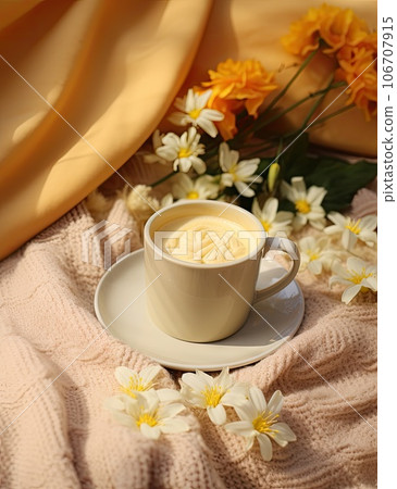 some books and a candle on a table with flowers in a glass jar next to it is a white blanket 106707915