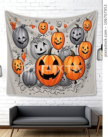 halloween pumpkins and bats hanging on a wall tapestry in an empty living room with white brick walls stock photo halloween pumpkins and bats hanging on a wall tapestry in an empty living room with white brick walls stock photo 106707953