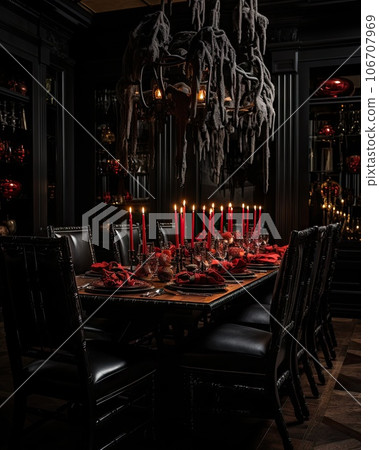a dining room decorated for halloween with candles and skulls hanging from the ceiling to the table is surrounded by black chairs a dining room decorated for halloween with candles and skulls hanging from the ceiling to the table is surrounded by black chairs 106707969