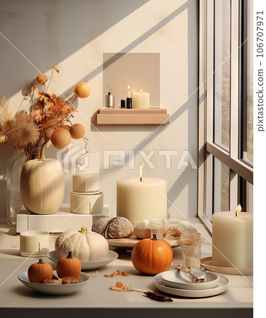 some candles, pumpkins and other decorations on a window sie with the sun shining in the windowsill 106707971