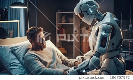 a man sitting in bed with a robot on his lap and looking at him while he sits next to him a man sitting in bed with a robot on his lap and looking at him while he sits next to him 106707972