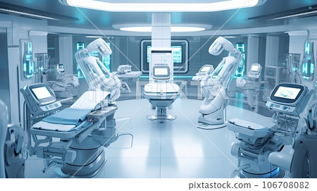 an operating room with many chairs and monitors on the ceiling, all in blue lights are visible to show how they work an operating room with many chairs and monitors on the ceiling, all in blue lights are visible to show how they work 106708082