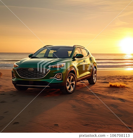 the 2020 hyundai tucson parked on a beach in front of an orange sunset behind it is a green suv with its hood up the 2020 hyundai tucson parked on a beach in front of an orange sunset behind it is a green suv with its hood up 106708113