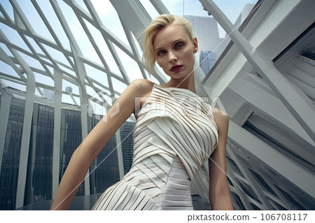 a woman with blonde hair wearing a white dress and posing in front of a modern building, looking at the camera 106708117