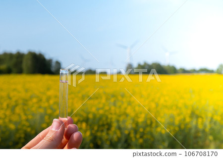 Hand holding test tube with liquid on background of canola flowers field blooming farm. Rapeseed oil over natural background. Farmer soil sample in tube chemical analysis ph test. Agrochemical Hand holding test tube with liquid on background of canola flowers field blooming farm. Rapeseed oil over natural background. Farmer soil sample in tube chemical analysis ph test. Agrochemical 106708170