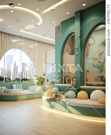 a modern living room with green walls and wood flooring the room is lit by recessed light fixtures that are mounted above the 106708173