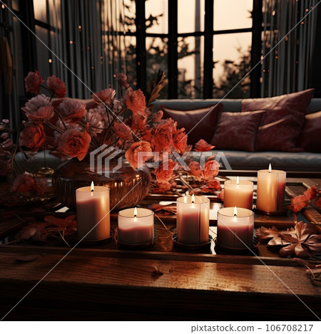 candles and flowers on a wooden table in front of a large window with the sun shining through the glass windows 106708217