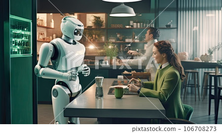 a woman sitting at a table with a robot in front of her, looking at a man who is talking on the phone a woman sitting at a table with a robot in front of her, looking at a man who is talking on the phone 106708273