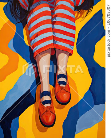 a woman's legs and red shoes on a yellow background with blue, orange and white striped fabric behind her 106708307