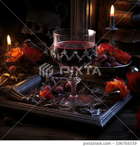a glass of wine on a tray with roses and candles in the background is an old book that has been used for many years a glass of wine on a tray with roses and candles in the background is an old book that has been used for many years 106708339