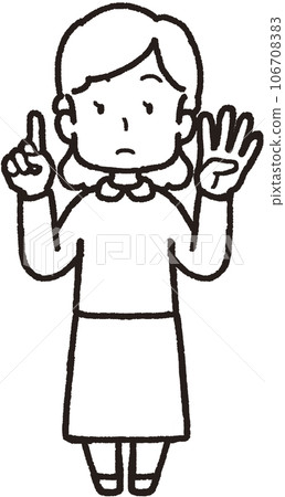 A full-body line drawing illustration of a woman doing 14 hand signs, with four fingers on her left hand and one finger on her right hand. 106708383