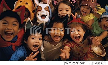 children wearing animal masks on their heads and smiling at the camera with one hand up in the other's air children wearing animal masks on their heads and smiling at the camera with one hand up in the other's air 106708399