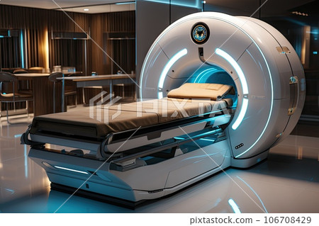 a hospital room with a bed in the middle and an mri on the other side that is lit by blue leds a hospital room with a bed in the middle and an mri on the other side that is lit by blue leds 106708429