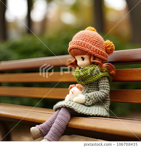 a knitted doll sitting on a wooden bench with her legs crossed, wearing a green sweater and matching an orange hat a knitted doll sitting on a wooden bench with her legs crossed, wearing a green sweater and matching an orange hat 106708435