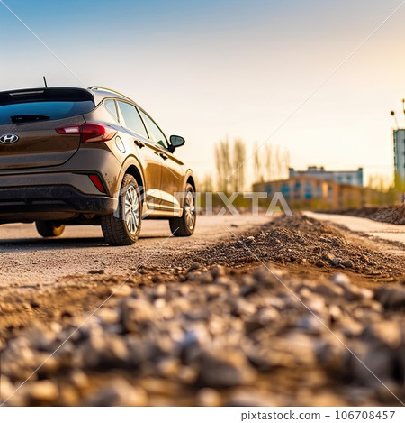 a car parked on the side of a dirt road in front of a city skyline with buildings in the background a car parked on the side of a dirt road in front of a city skyline with buildings in the background 106708457