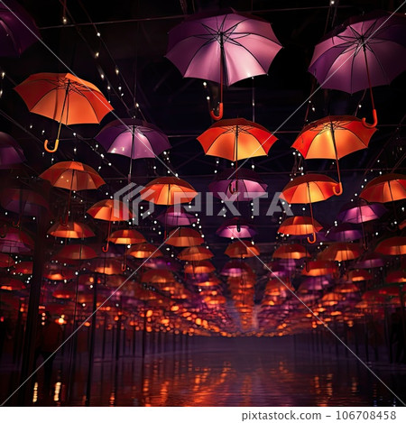 several umbrellas hanging from the ceiling in an open space with lights and reflections on the floor at night time 106708458