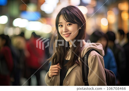 a young woman with long dark hair and brown eyes, standing in the middle of a crowded street at night a young woman with long dark hair and brown eyes, standing in the middle of a crowded street at night 106708466